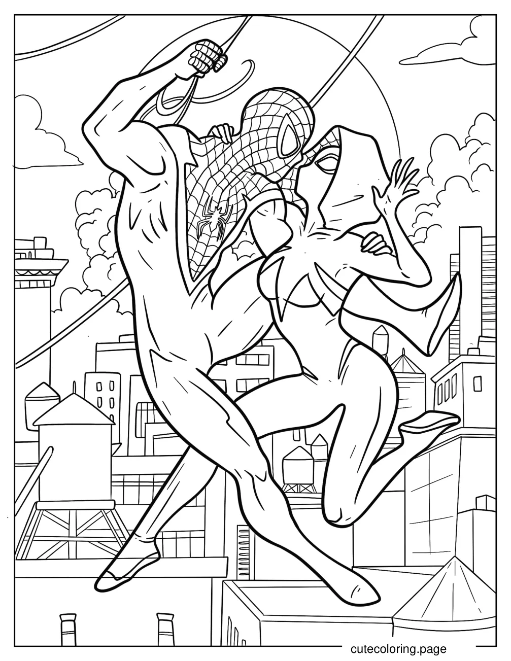 Detailed Spider Man Holding Spider Gwen In Mid Air Coloring Page coloring page