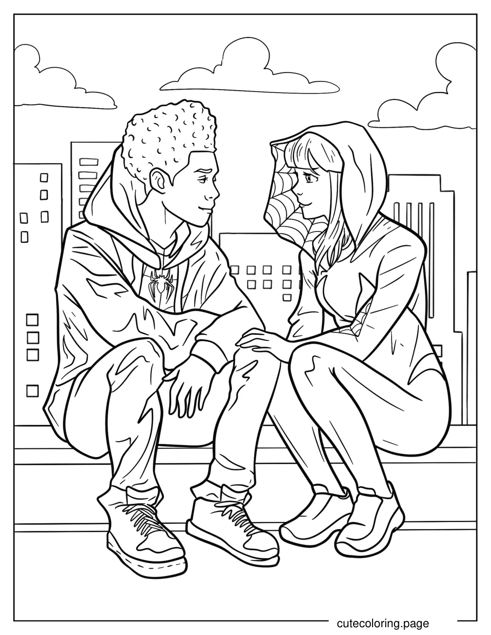 Miles Morales And Spider Gwen Sitting Together On A Rooftop Coloring Page coloring page