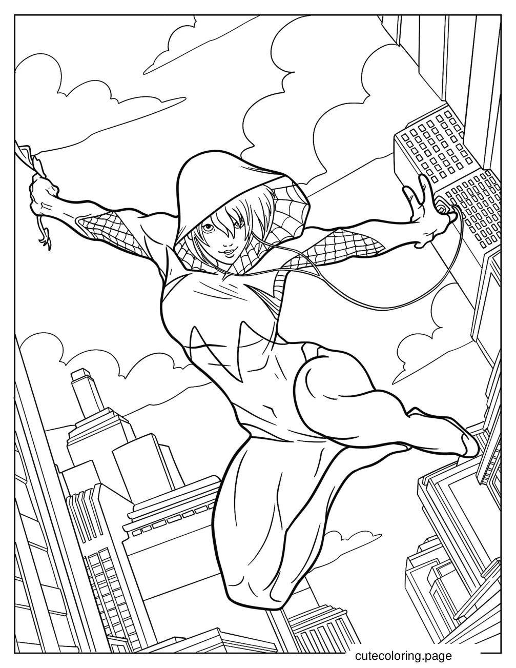 Realistic Spider Gwen Swinging Across The City coloring page