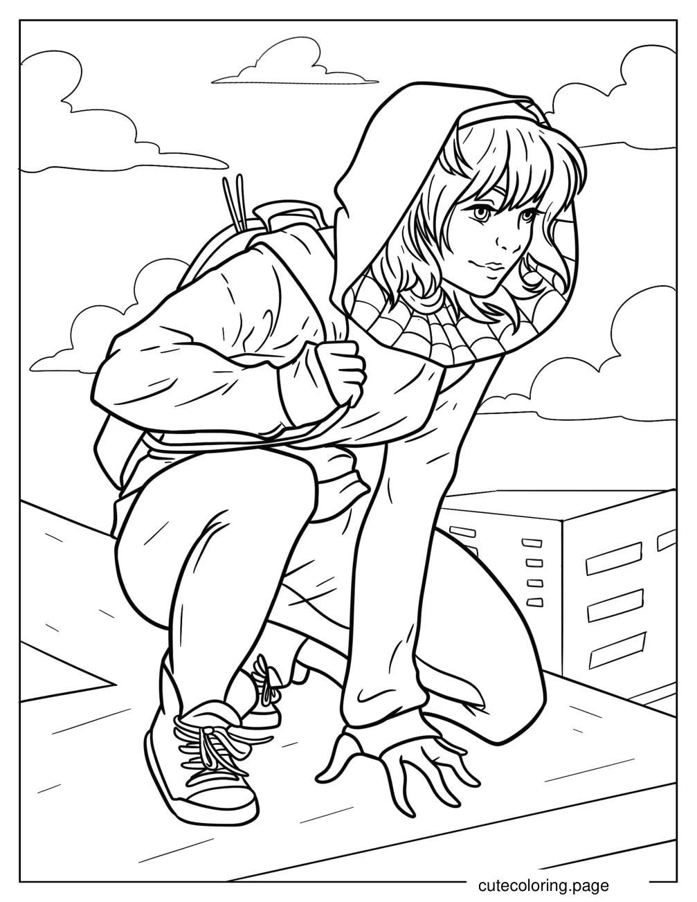 Spider Gwen Crouched On The Edge Of A Roof Coloring Sheet coloring page