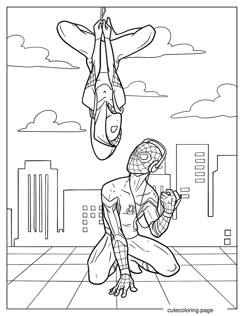 Spider Gwen Hanging Upside Down Next To Spider Man coloring page