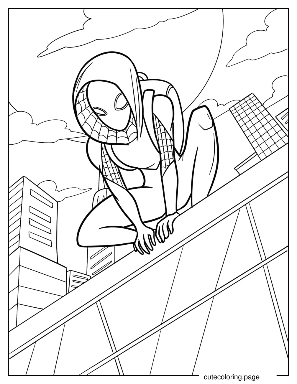 Spider Gwen Looking Down From The Top Of A Building coloring page