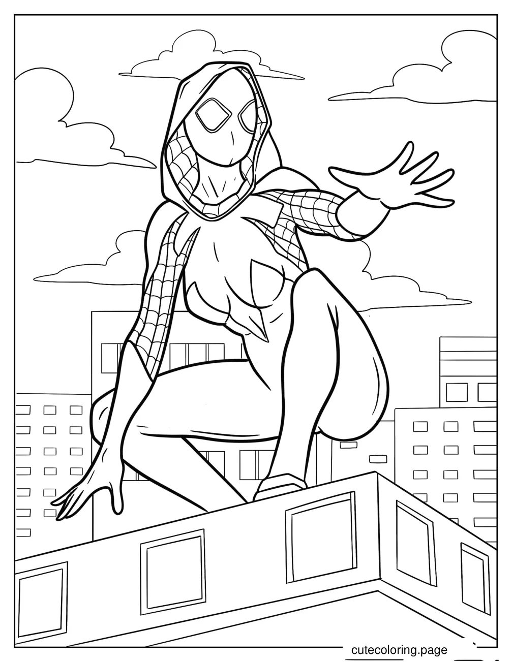 Spider Gwen On The Edge Of A Building Holding Her Hand Out coloring page