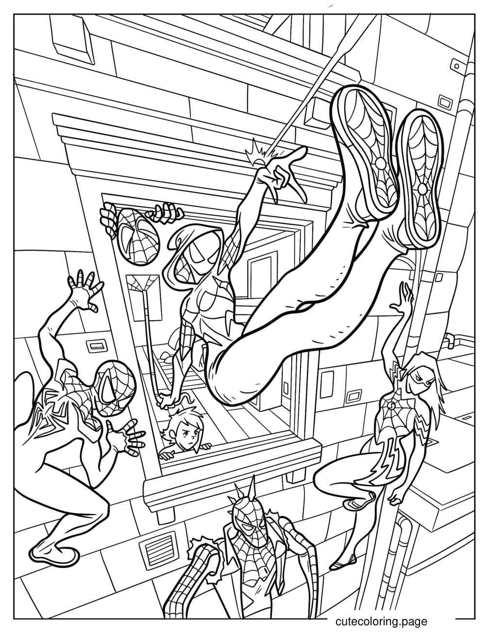 Spider Gwen Swinging Out Of A Window In Spider Man Multiverse coloring page