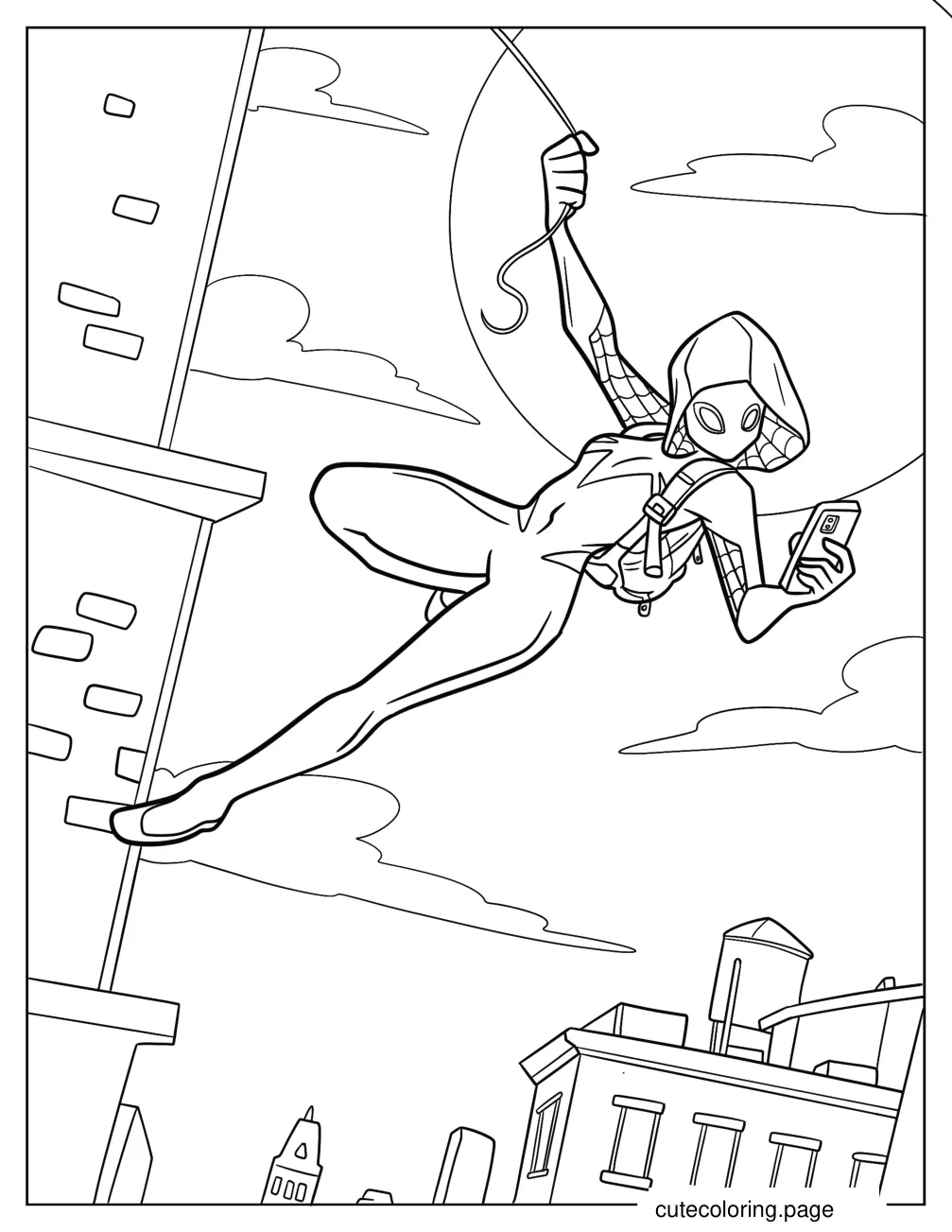 Spider Gwen Texting While Swinging From A Web Coloring Sheet coloring page