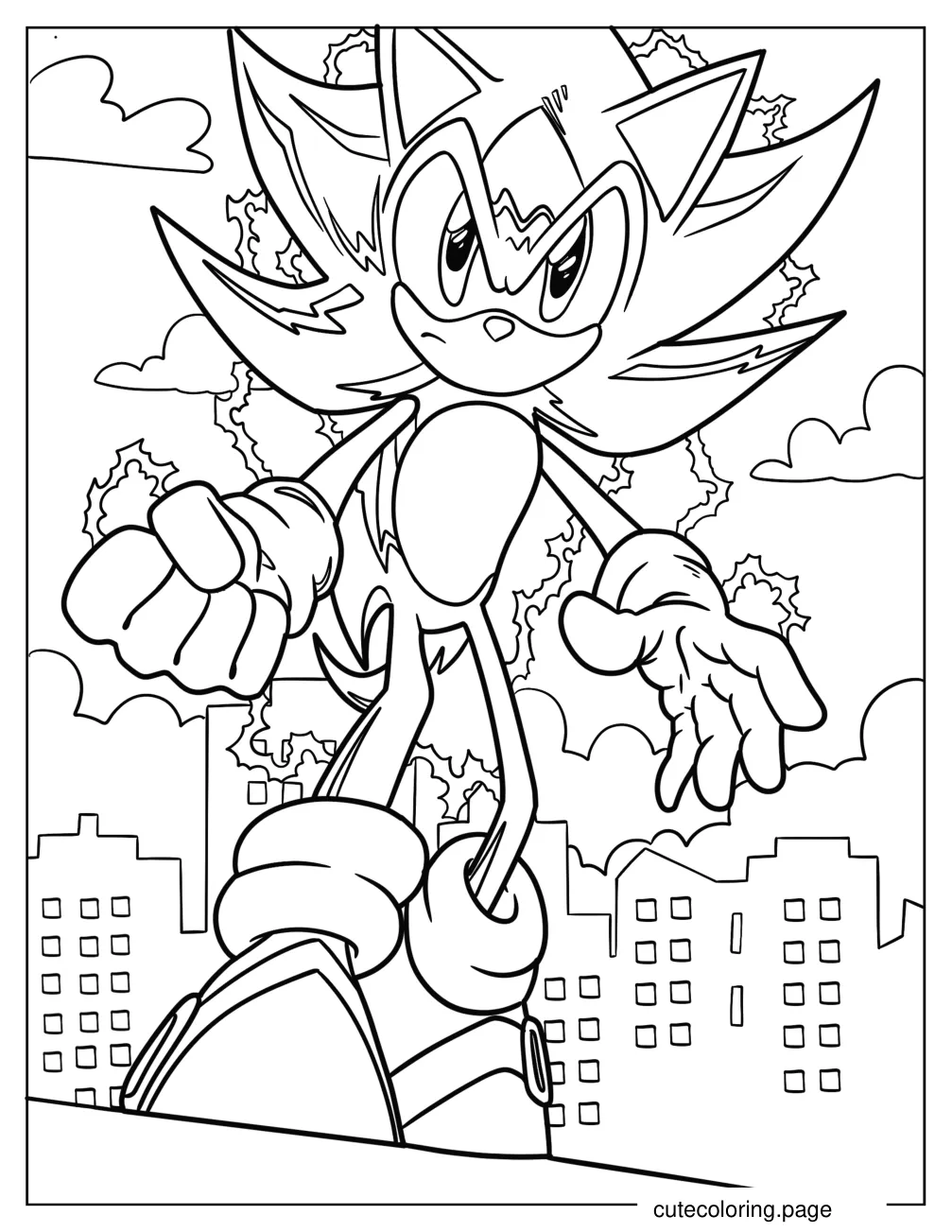 Super Sonic In Mid Air Surrounded By Electricity Coloring Sheet coloring page