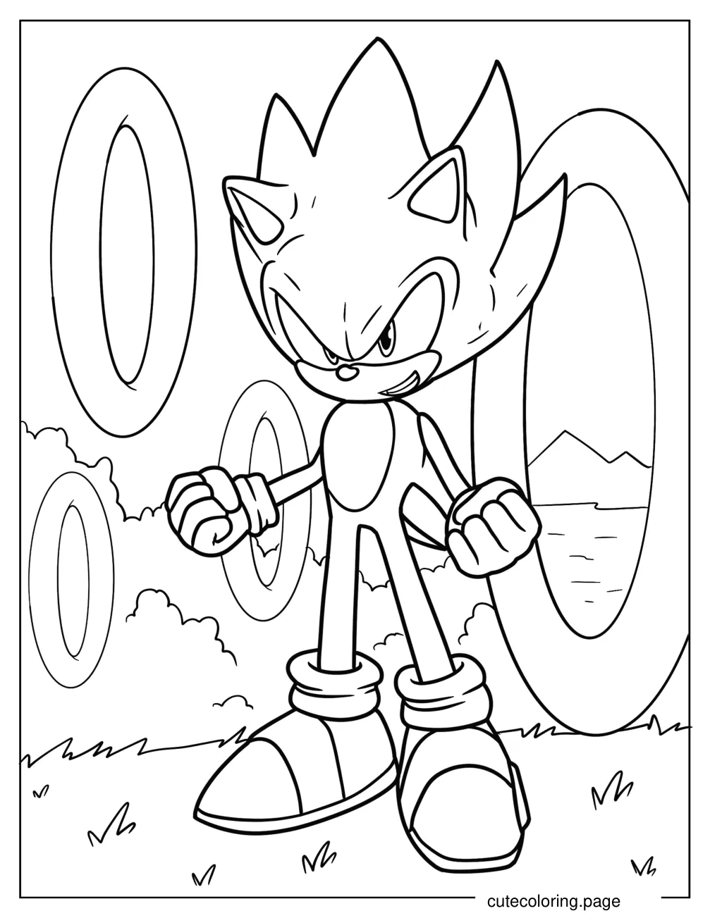 Super Sonic Power Up Surrounded By Rings Coloring Page coloring page