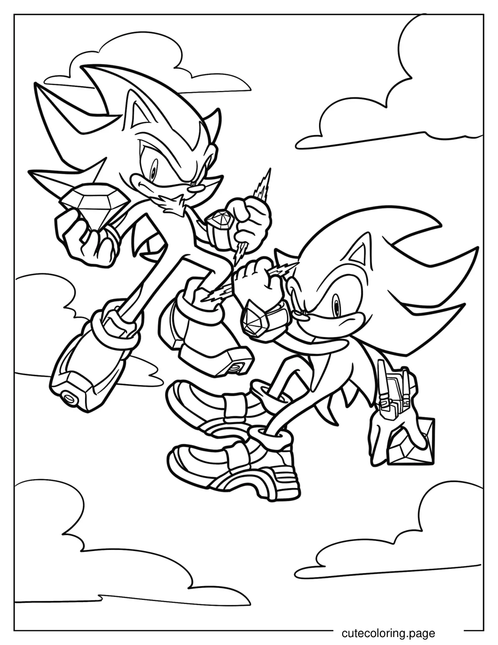 Super Sonic With Sonic Holding Chaos Emeralds Coloring Page coloring page