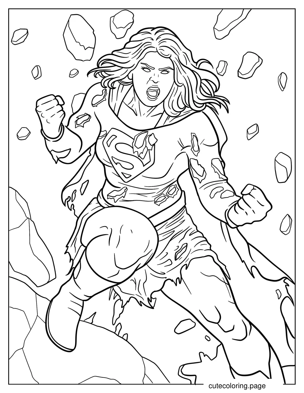 Angry Supergirl Kara Zor El With Rocks Flying Around Coloring Sheet coloring page