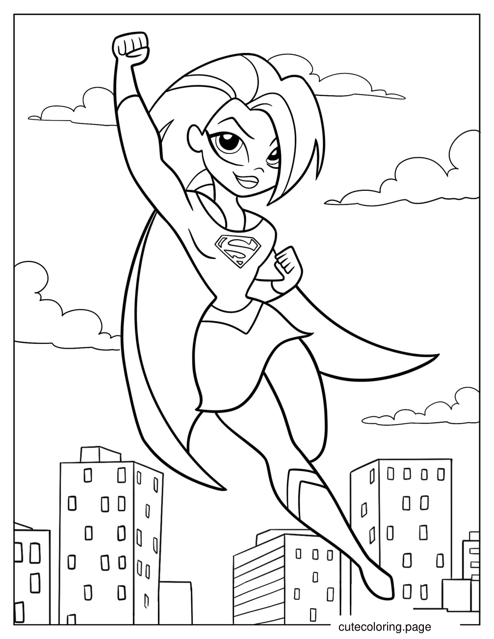 Cute Supergirl Flying Through The City Coloring Page For Preschoolers coloring page