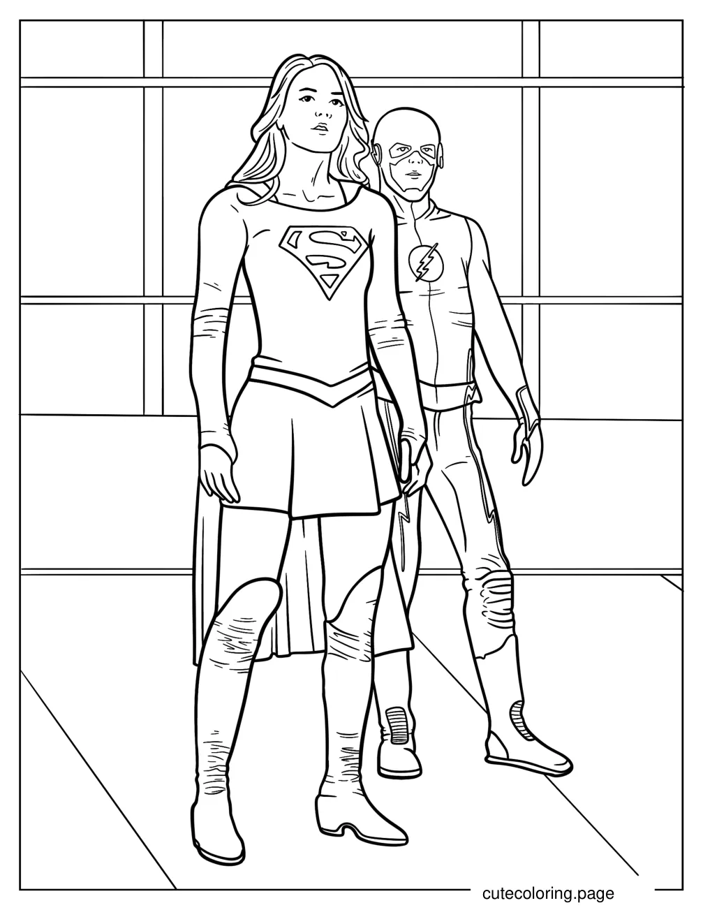 Easy Supergirl With Flash Outline Coloring Sheet coloring page