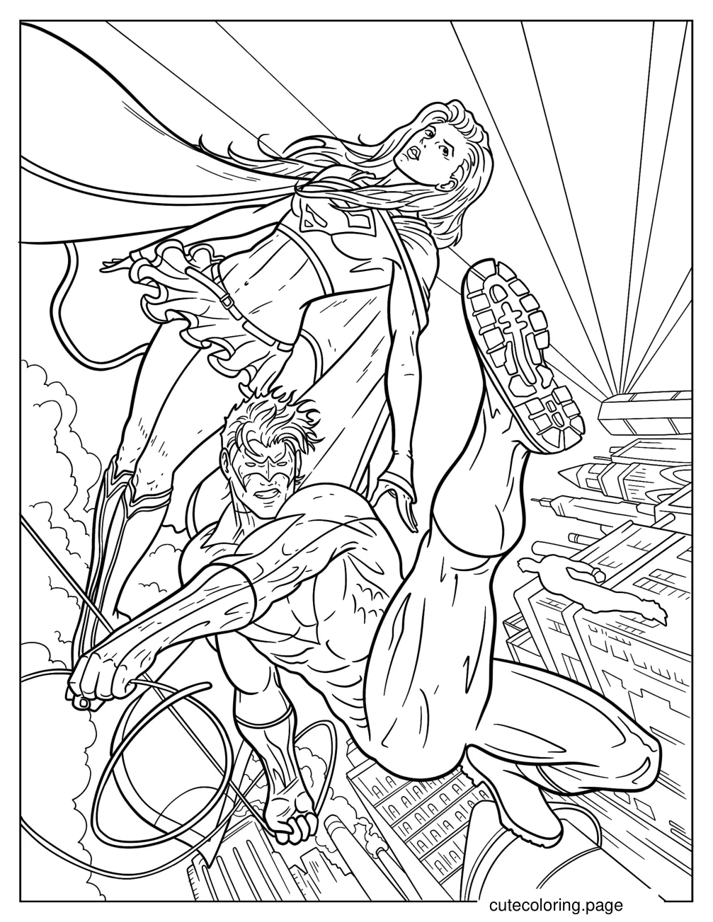 Nightwing And Supergirl Fighting Bad Guys Coloring Page coloring page