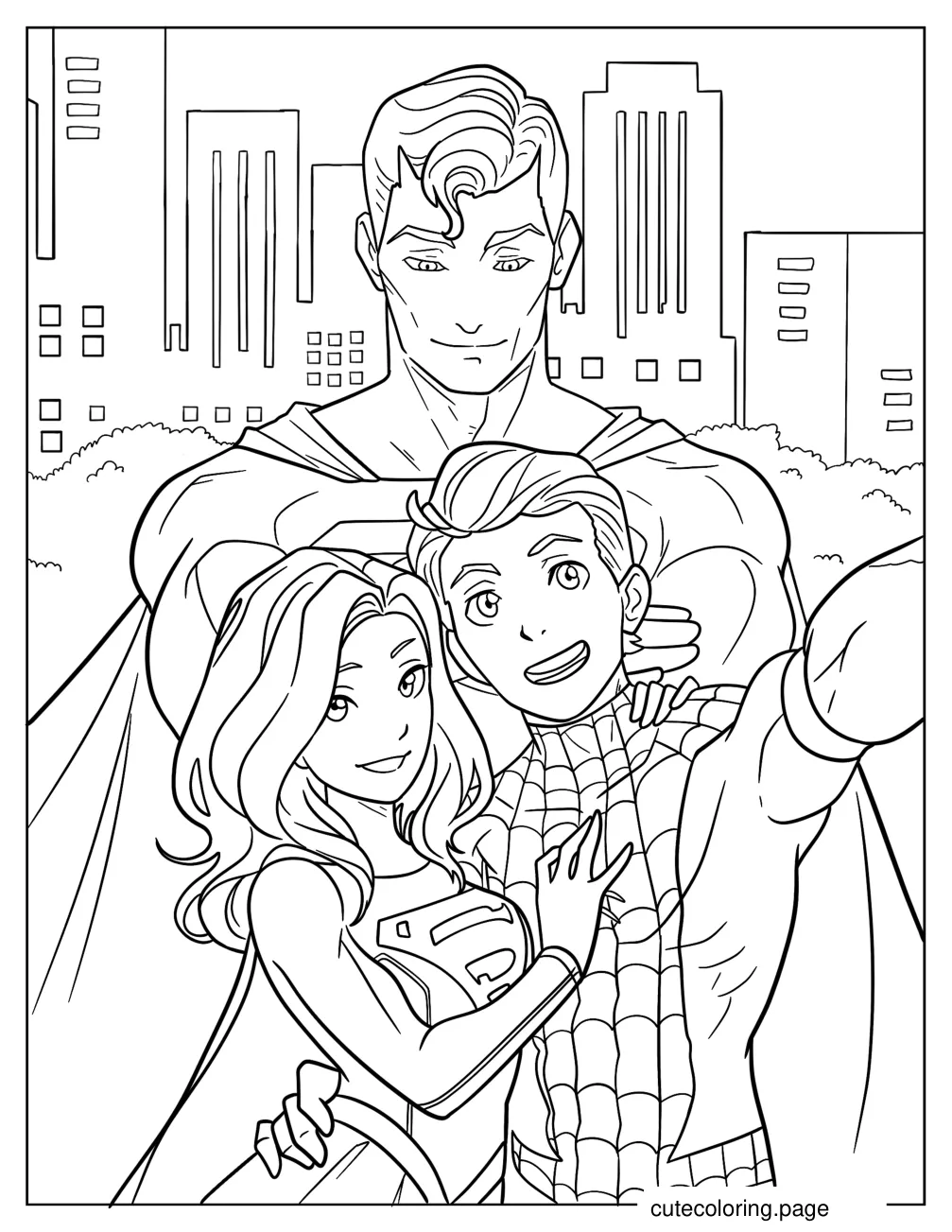 Spiderman Superman And Supergirl Taking A Selfie coloring page