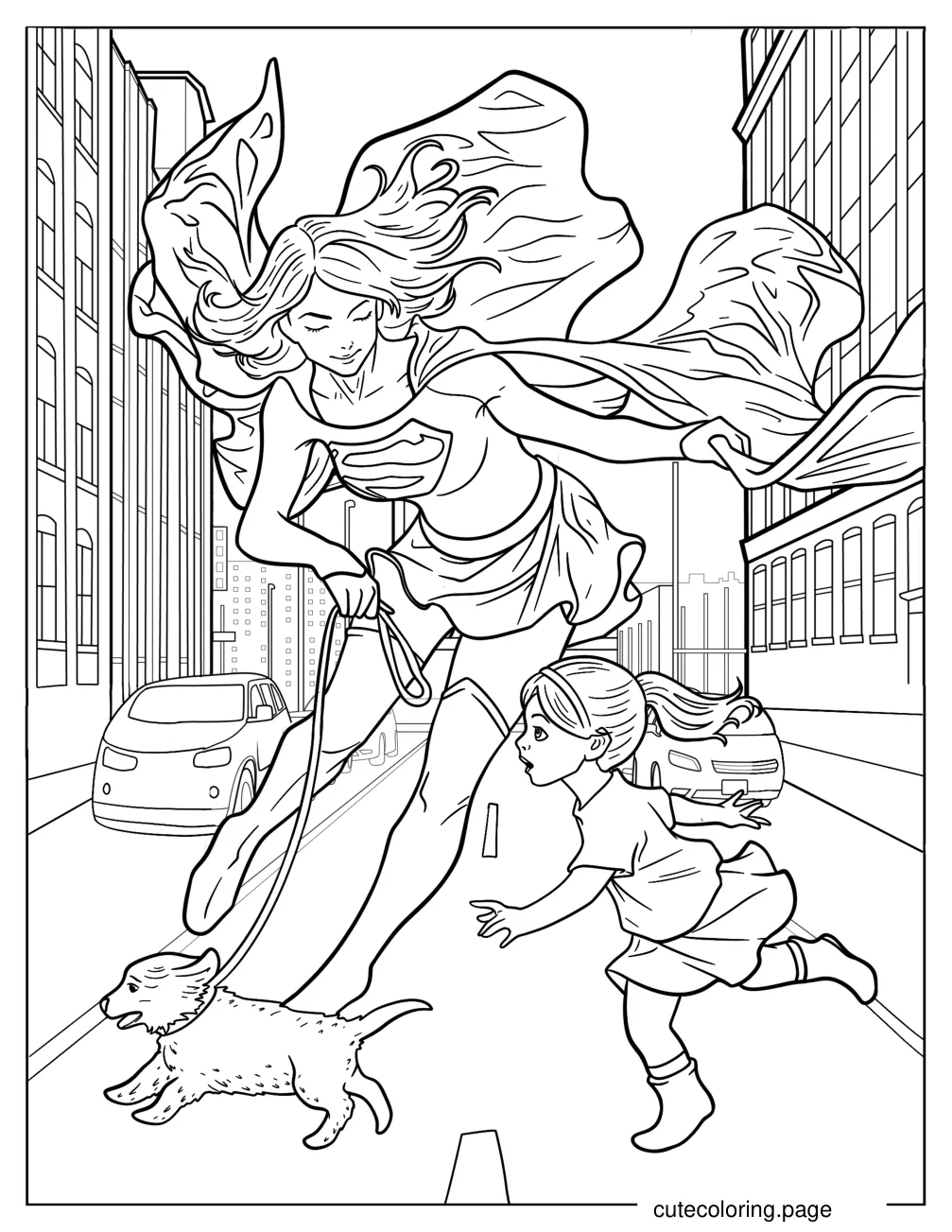 Supergirl Helping A Little Girl And Her Dog coloring page