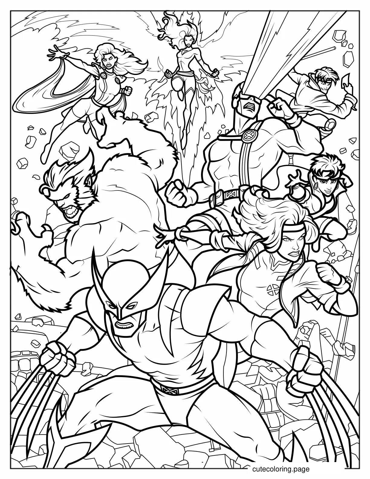 X Men Wolverine Cyclops Phoenix Storm Rogue Beast Jubilee And Gambit coloring page